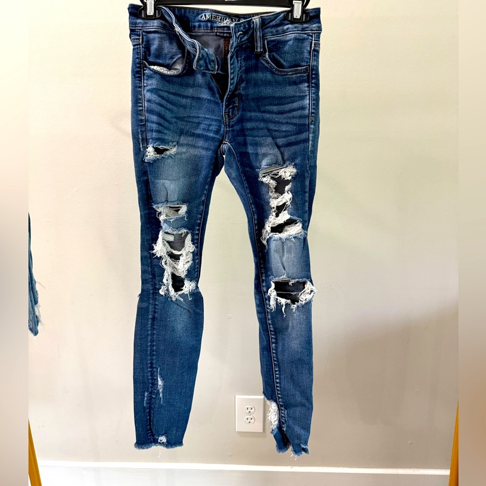 American Eagle Outfitters Blue Skinny Jeans with Distressed Details